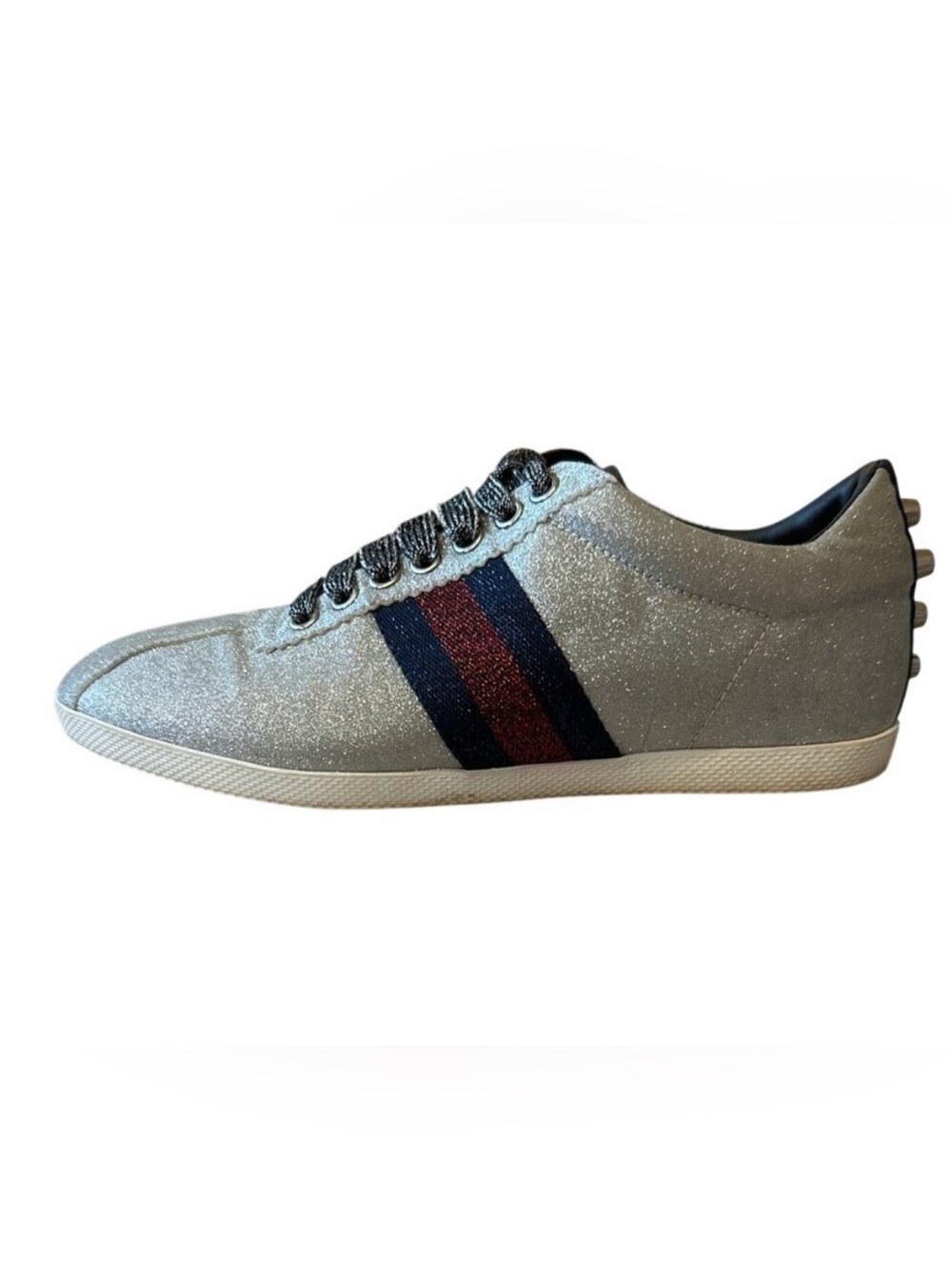 Gucci Bambi Silver Glitter‎ Web Sneaker 39 Spiked